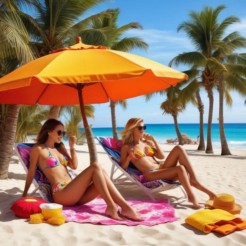 A glamorous and sunny beach scene featuring stylish celebrities lounging in colorful bikinis, gossiping with playful expressions. The backdrop showcases palm trees and bright beach umbrellas, while tabloid magazines scatter around, capturing their juicy gossip. Include vibrant beach accessories like sunglasses and cocktails for added flair. The overall atmosphere should radiate luxury and fun with a hint of mischief. super-realistic. vibrant colors. bright background.